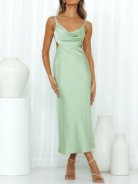 Hello Molly Satin Midi Dress in Sage Green